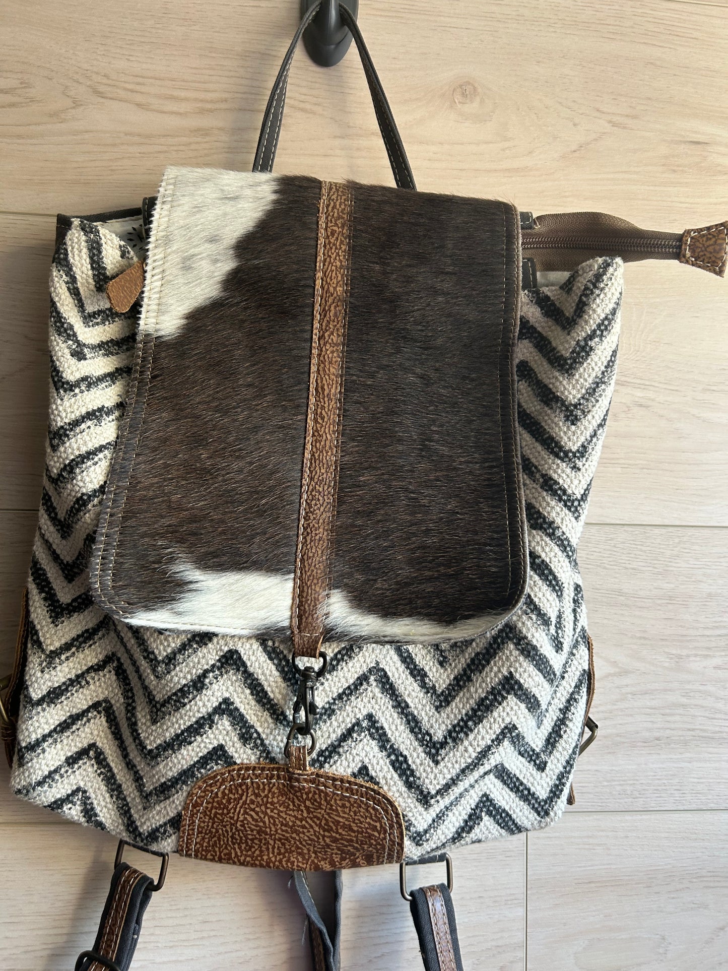 Myra Chevron Patterned Backpack with Cowhide Flap