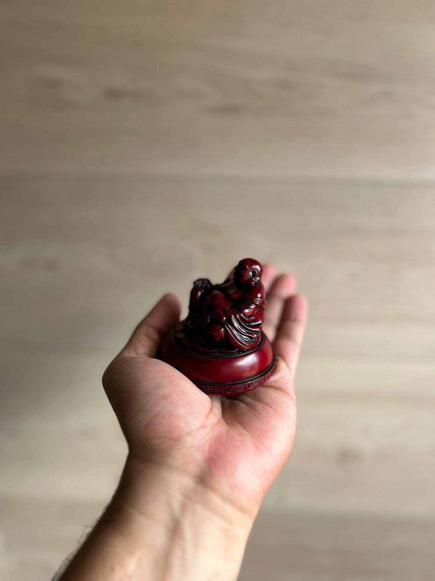 Red Cinnabar Resin Laughing Buddha Statue, 219g