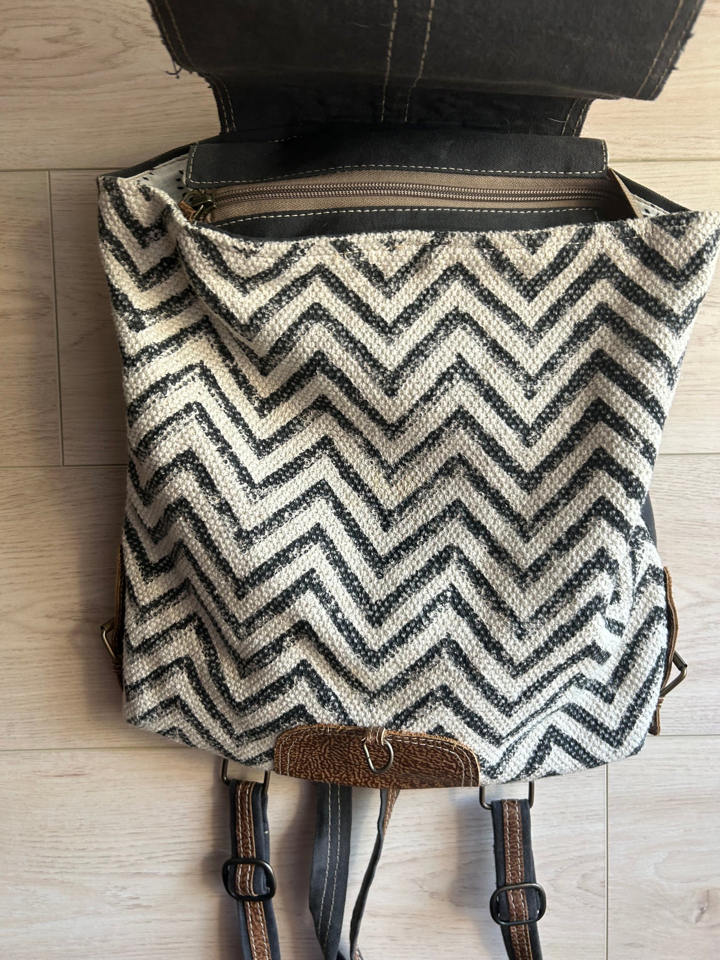 Myra Chevron Patterned Backpack with Cowhide Flap