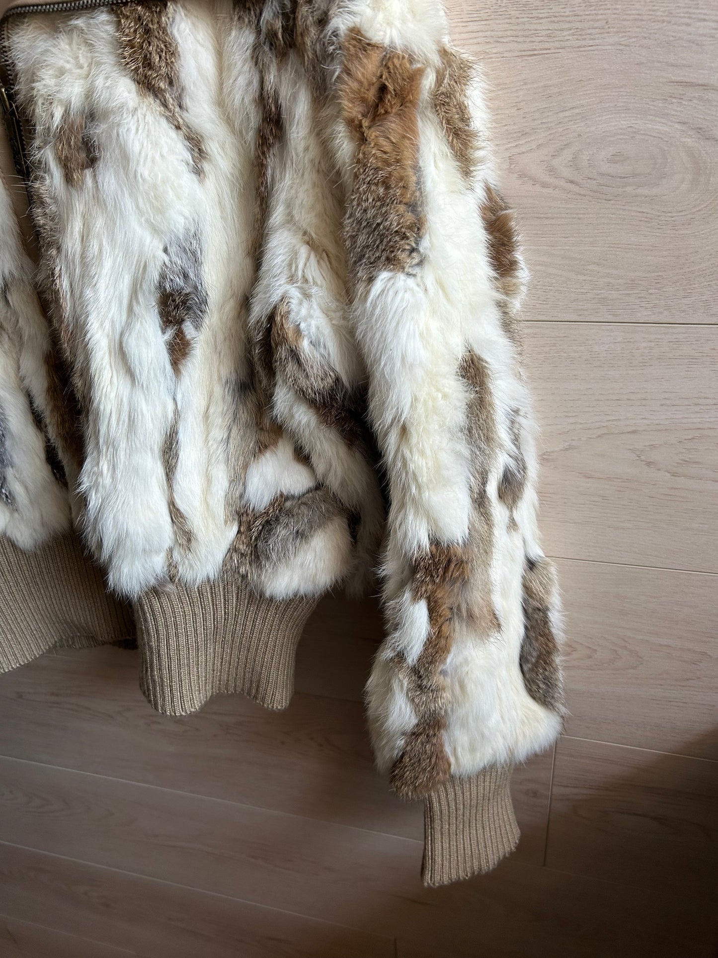 Black Rivet Brown and White Rabbit Fur Bomber Jacket size Large