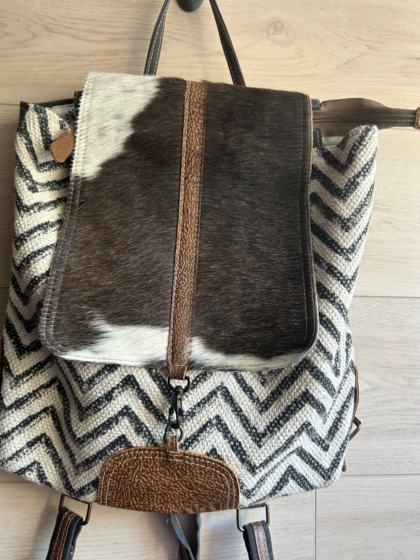 Myra Chevron Patterned Backpack with Cowhide Flap