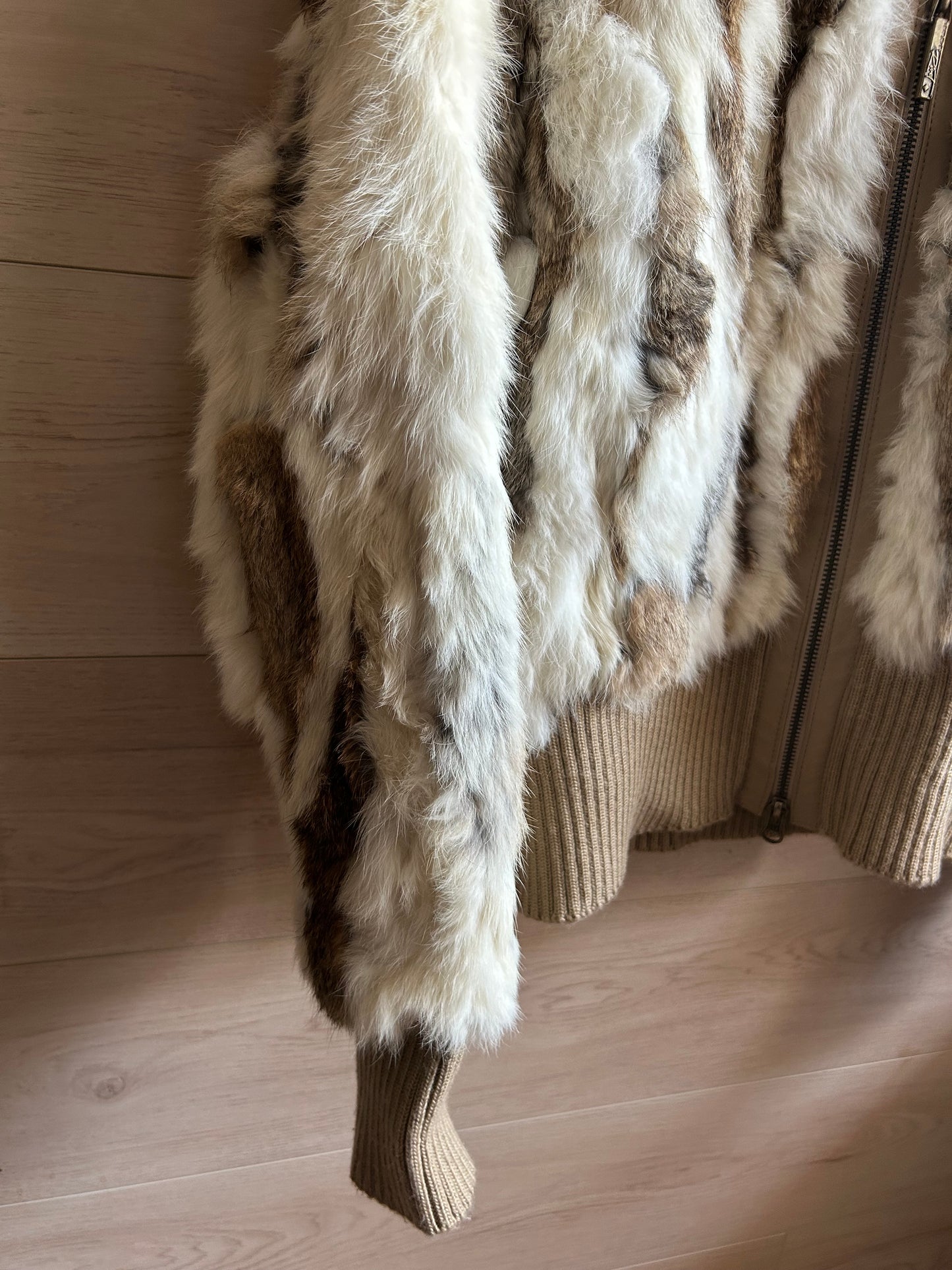 Black Rivet Brown and White Rabbit Fur Bomber Jacket size Large