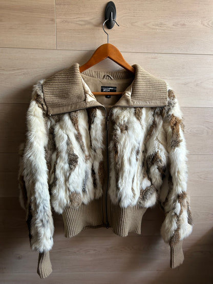 Black Rivet Brown and White Rabbit Fur Bomber Jacket size Large