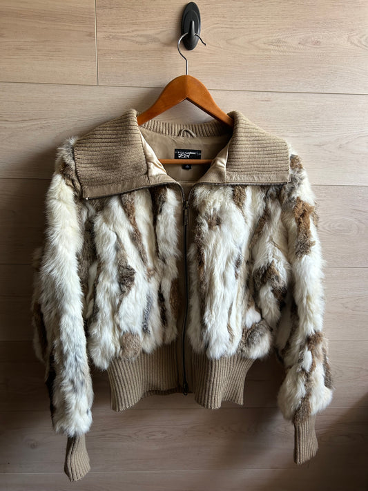 Black Rivet Brown and White Rabbit Fur Bomber Jacket size Large
