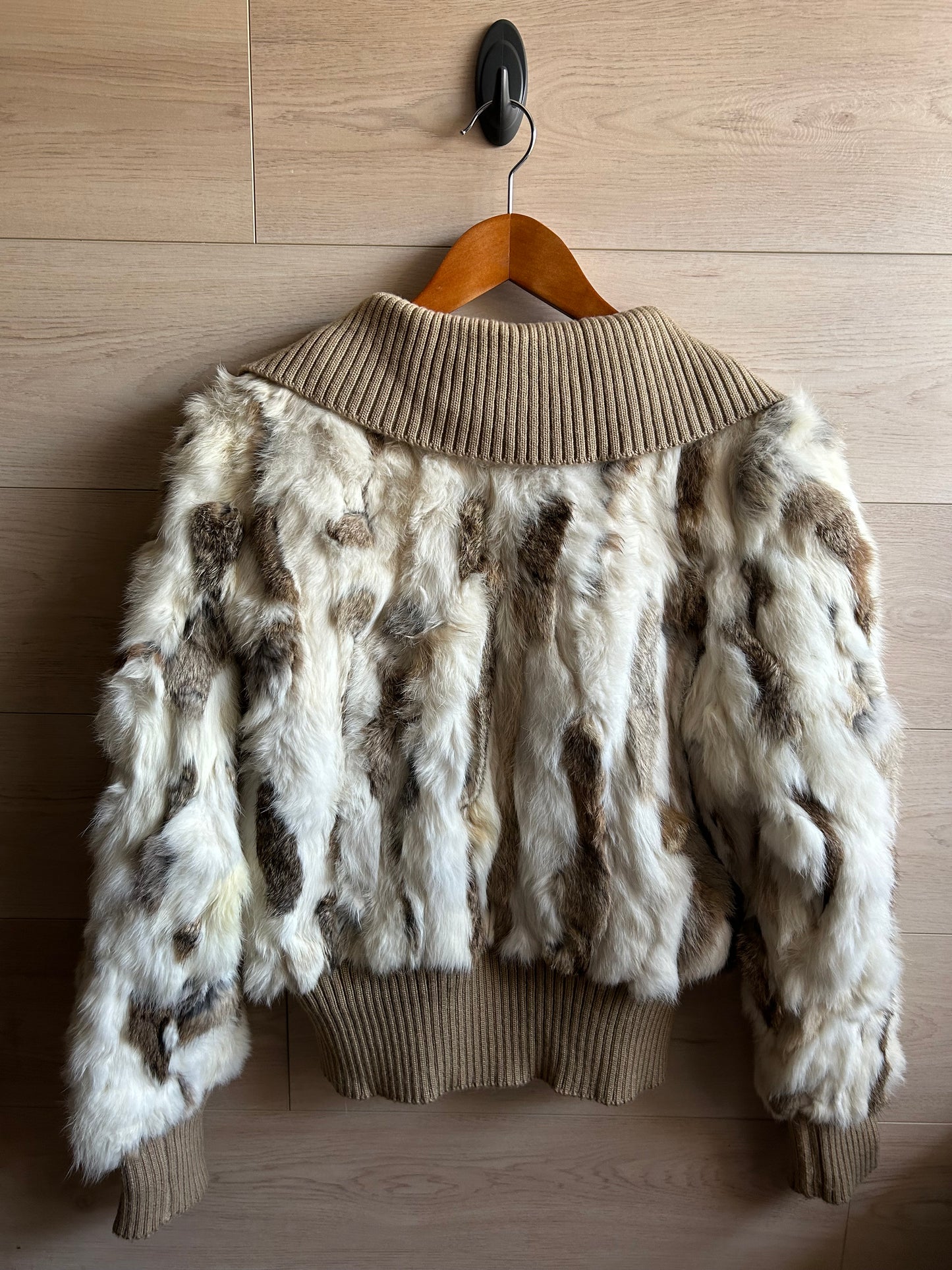 Black Rivet Brown and White Rabbit Fur Bomber Jacket size Large