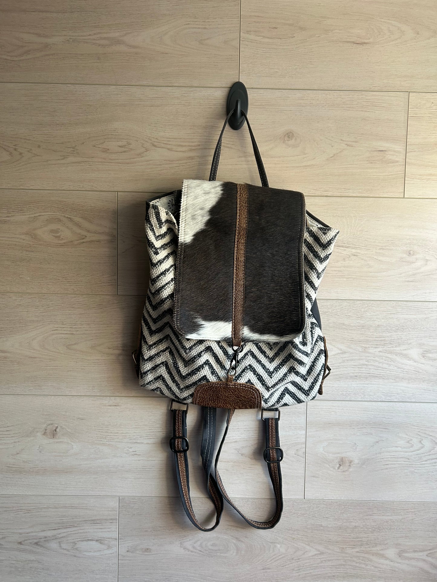 Myra Chevron Patterned Backpack with Cowhide Flap