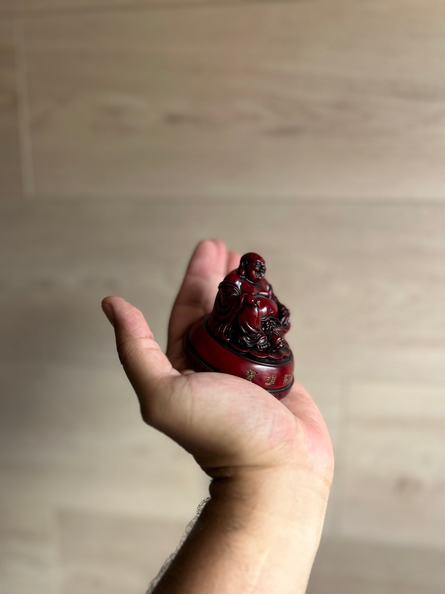Red Cinnabar Resin Laughing Buddha Statue, 219g
