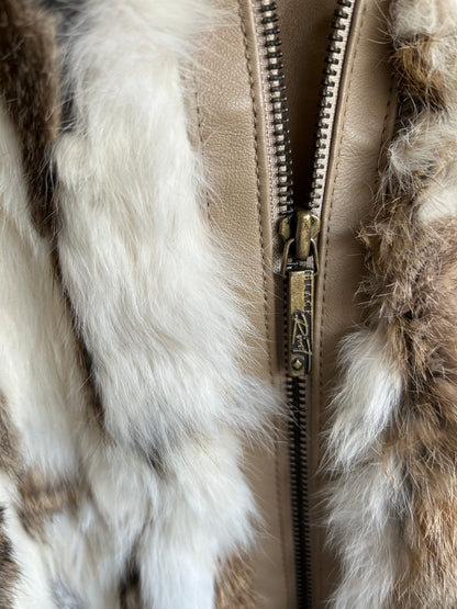 Black Rivet Brown and White Rabbit Fur Bomber Jacket size Large