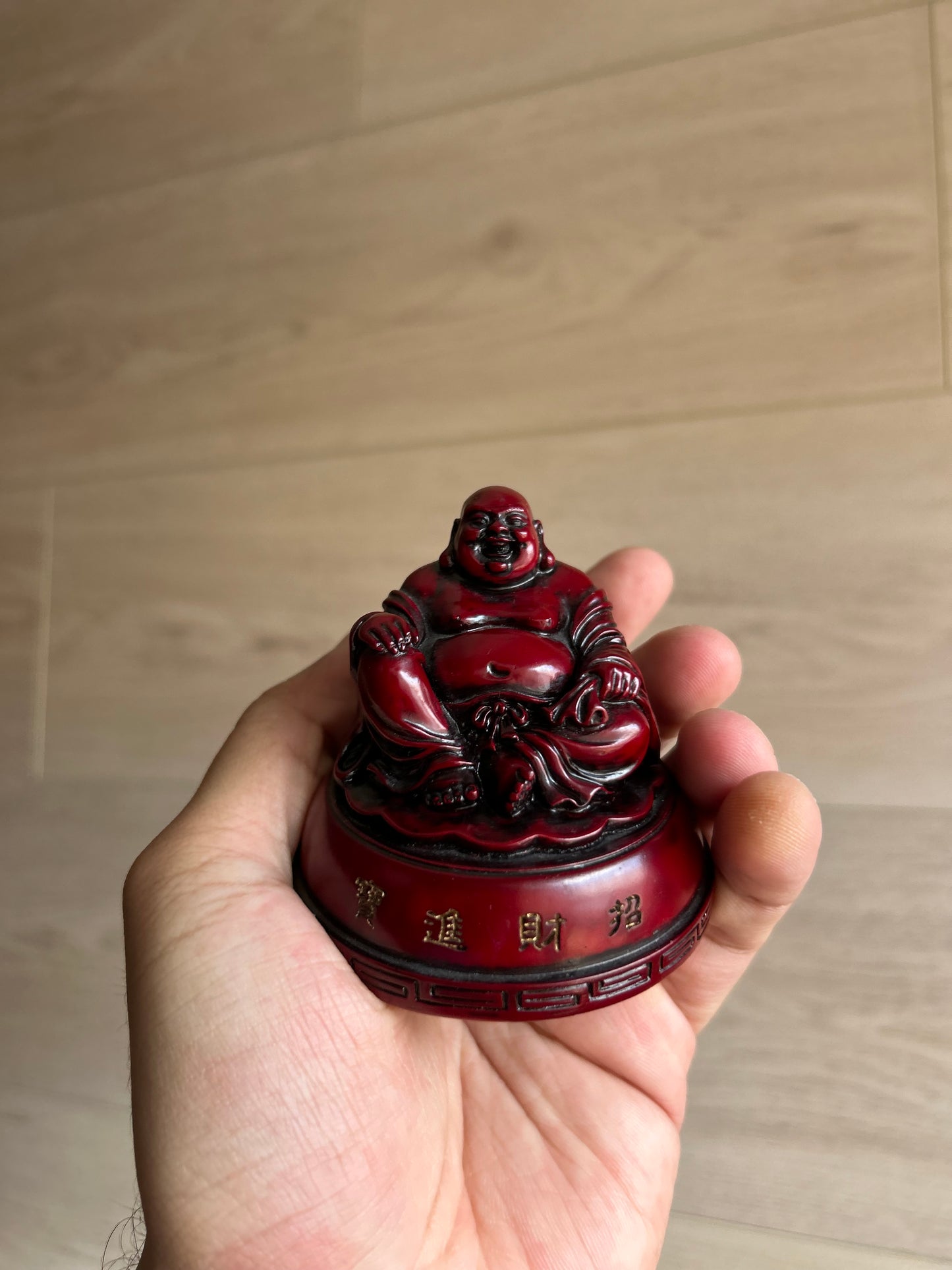 Red Cinnabar Resin Laughing Buddha Statue, 219g