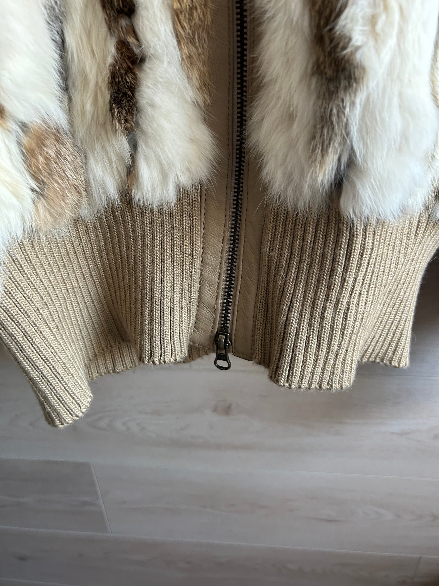 Black Rivet Brown and White Rabbit Fur Bomber Jacket size Large