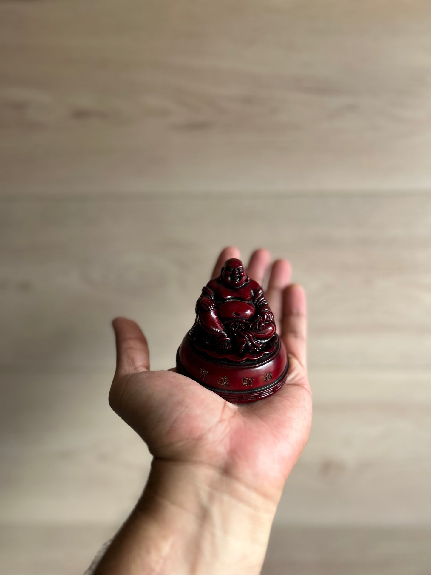 Red Cinnabar Resin Laughing Buddha Statue, 219g