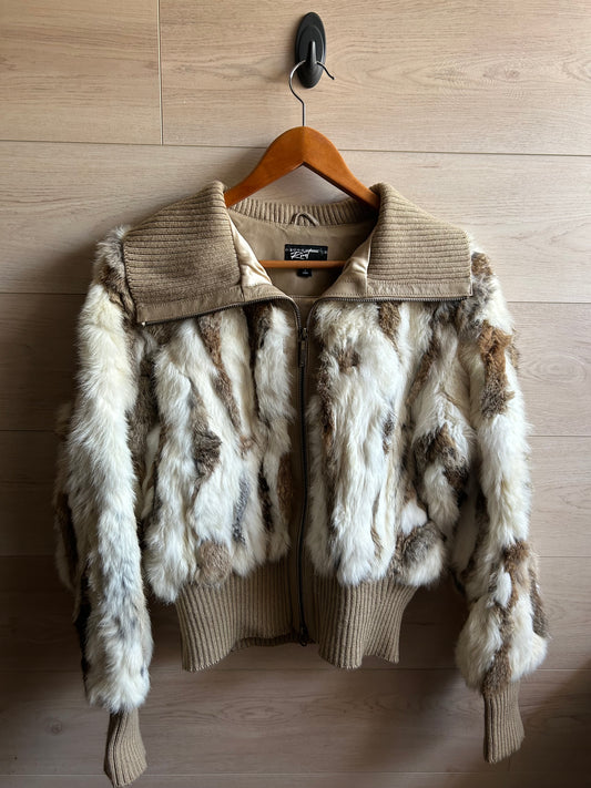 Black Rivet Brown and White Rabbit Fur Bomber Jacket size Large
