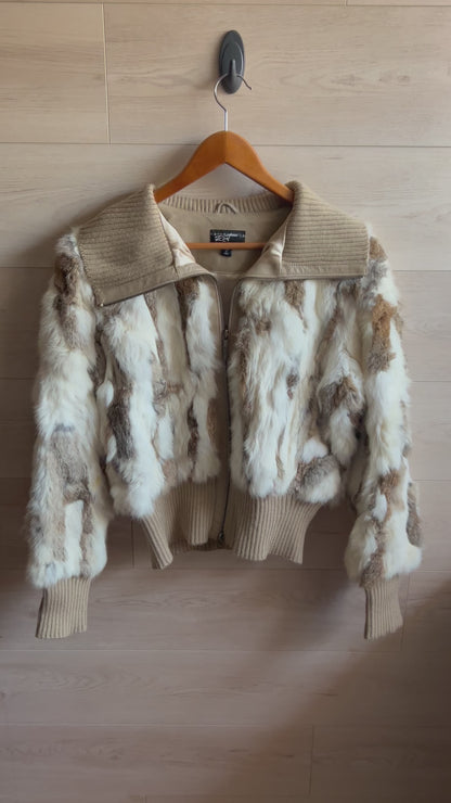 Black Rivet Brown and White Rabbit Fur Bomber Jacket size Large